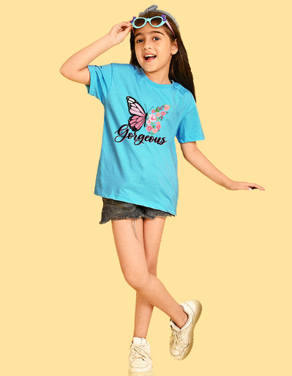 Nusyl Girls Sky Blue Butterfly & Gorgeous Text Printed  Short sleeve  Oversized T-shirts