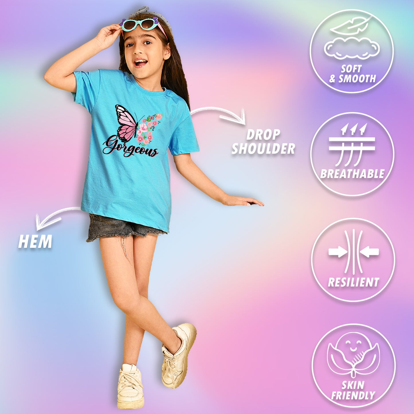 Nusyl Girls Sky Blue Butterfly & Gorgeous Text Printed  Short sleeve  Oversized T-shirts