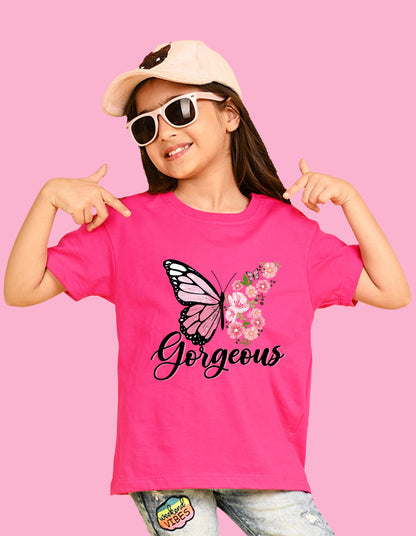 Nusyl Girls Hot Pink Butterfly & Gorgeous Text Printed  Short sleeve  Oversized T-shirts