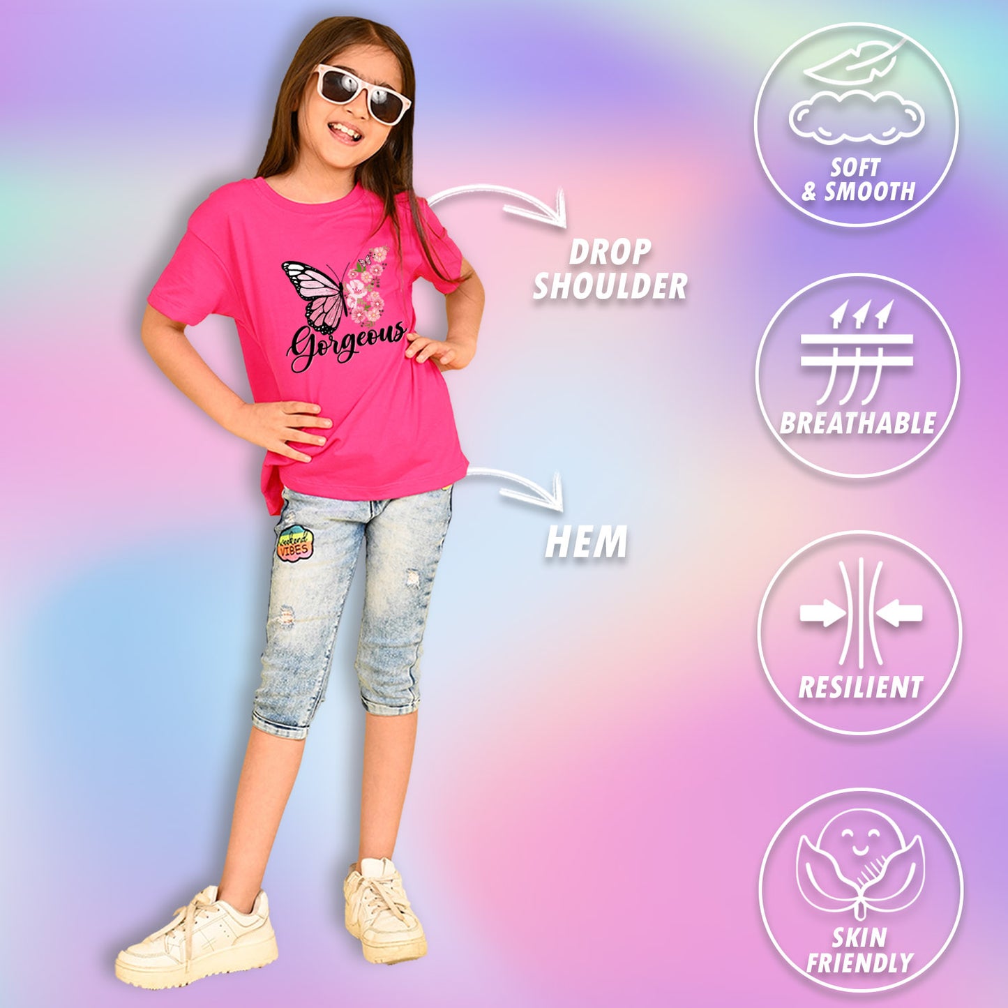 Nusyl Girls Hot Pink Butterfly & Gorgeous Text Printed  Short sleeve  Oversized T-shirts