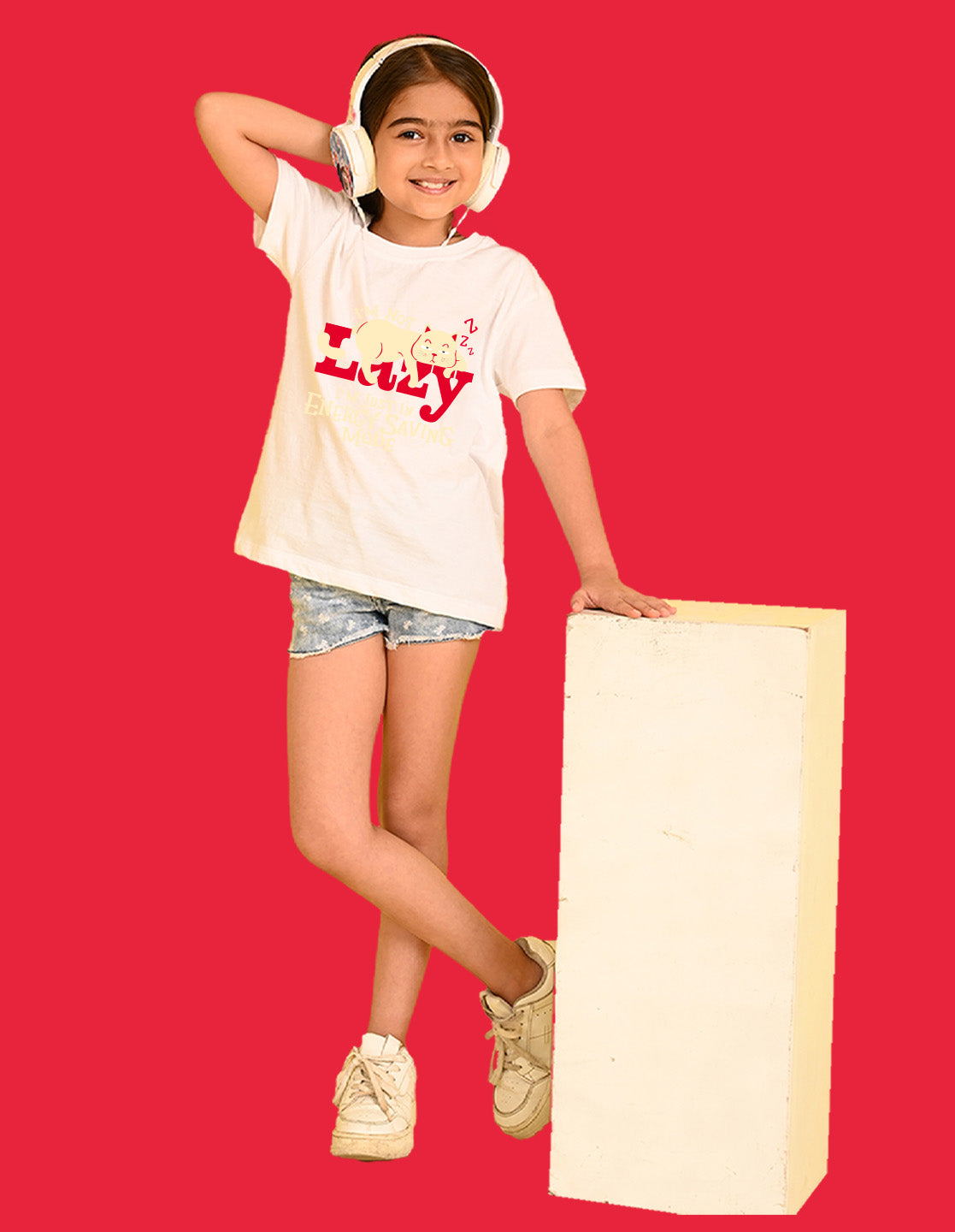 Nusyl Girls White Lazy Text  Printed  Short sleeve Cotton Blend Oversized T-shirts