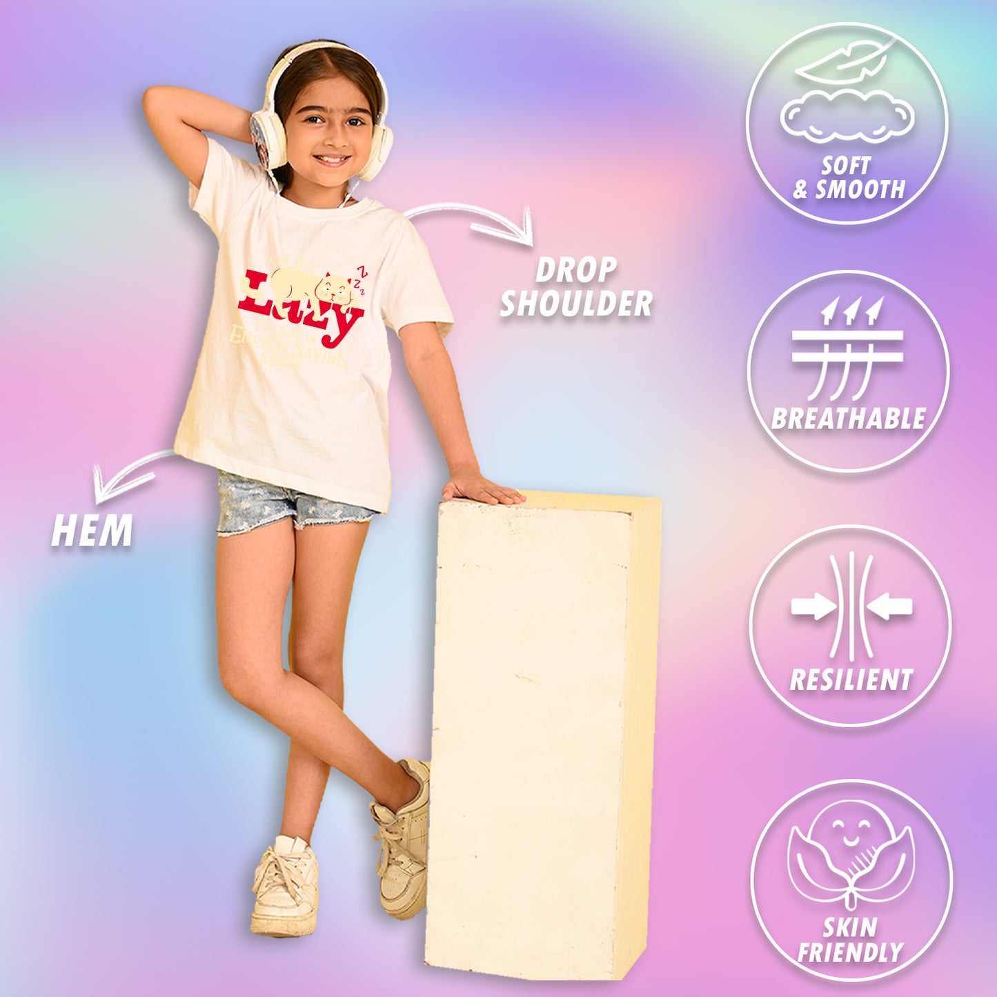 Nusyl Girls White Lazy Text  Printed  Short sleeve Cotton Blend Oversized T-shirts
