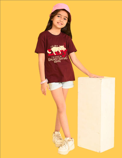 Nusyl Girls Wine Lazy Text  Printed  Short sleeve Cotton Blend Oversized T-shirts