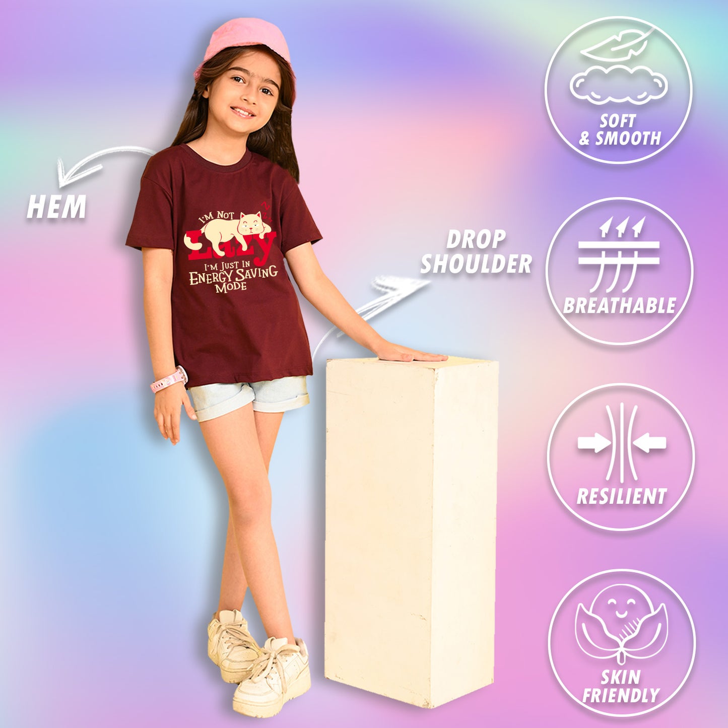 Nusyl Girls Wine Lazy Text  Printed  Short sleeve Cotton Blend Oversized T-shirts