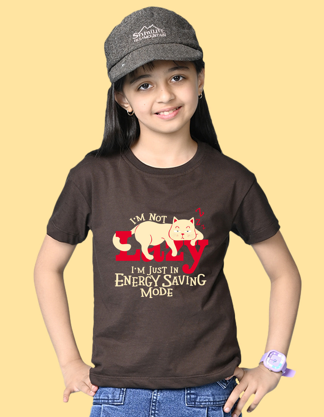 Nusyl Girls Brown Lazy Text  Printed  Short sleeve Cotton Blend Oversized T-shirts