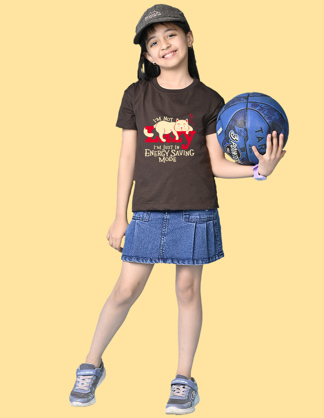 Nusyl Girls Brown Lazy Text  Printed  Short sleeve Cotton Blend Oversized T-shirts