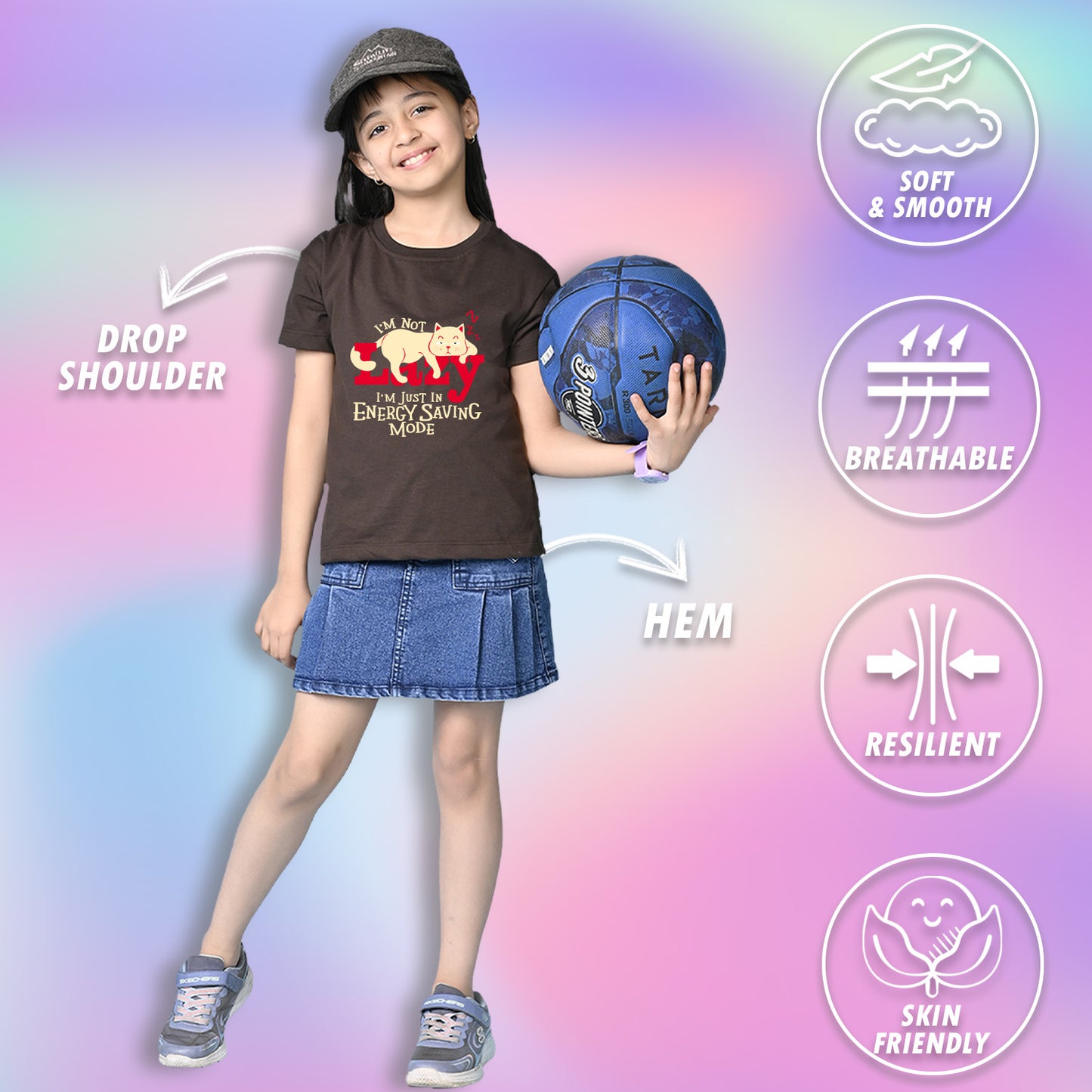 Nusyl Girls Brown Lazy Text  Printed  Short sleeve Cotton Blend Oversized T-shirts