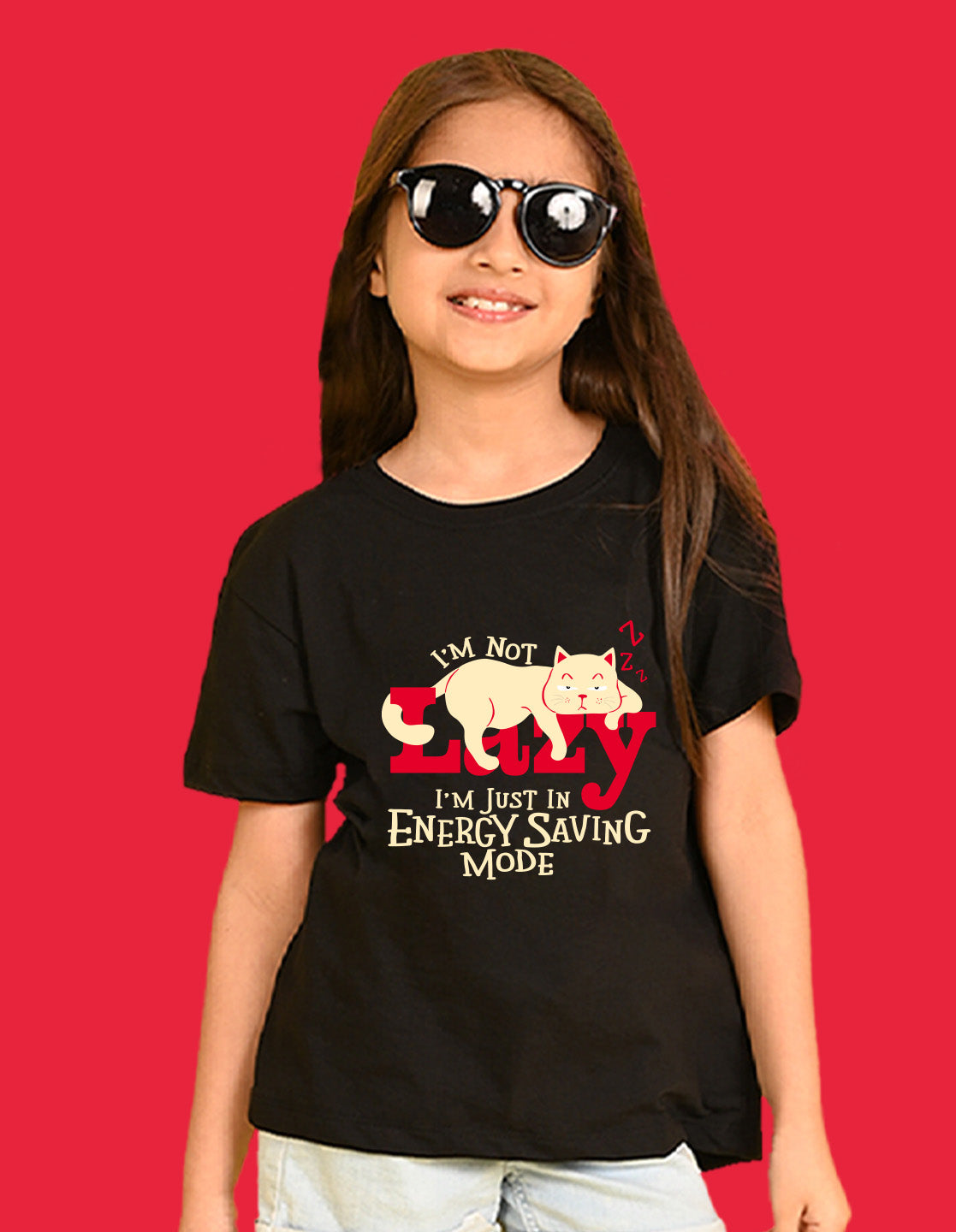 Nusyl Girls Black Lazy Text  Printed  Short sleeve Cotton Blend Oversized T-shirts