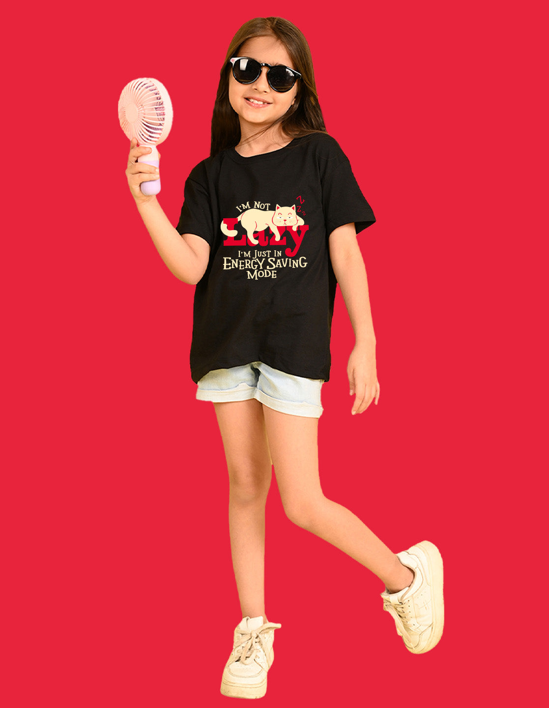 Nusyl Girls Black Lazy Text  Printed  Short sleeve Cotton Blend Oversized T-shirts