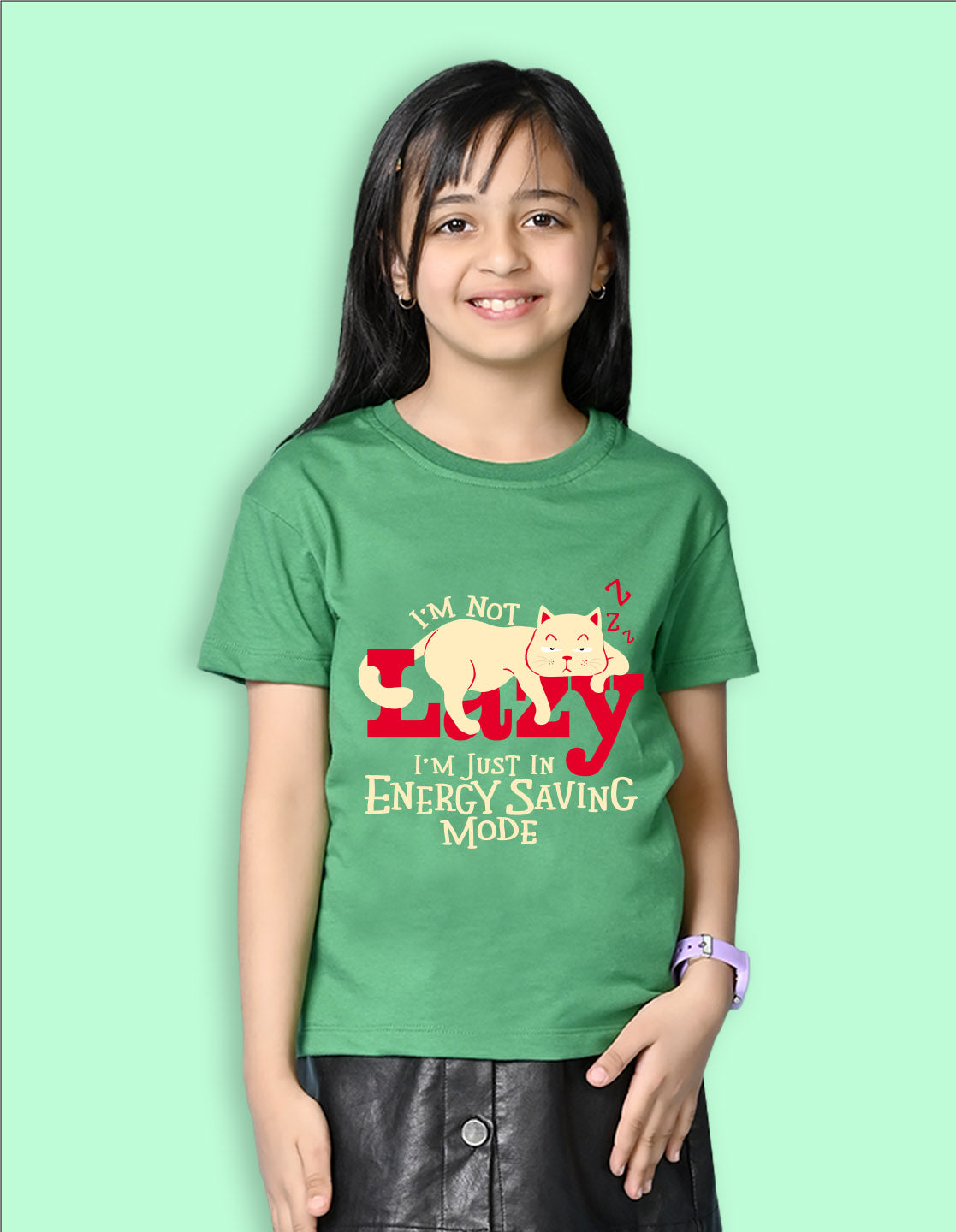 Nusyl Girls Green Lazy Text  Printed  Short sleeve Cotton Blend Oversized T-shirts