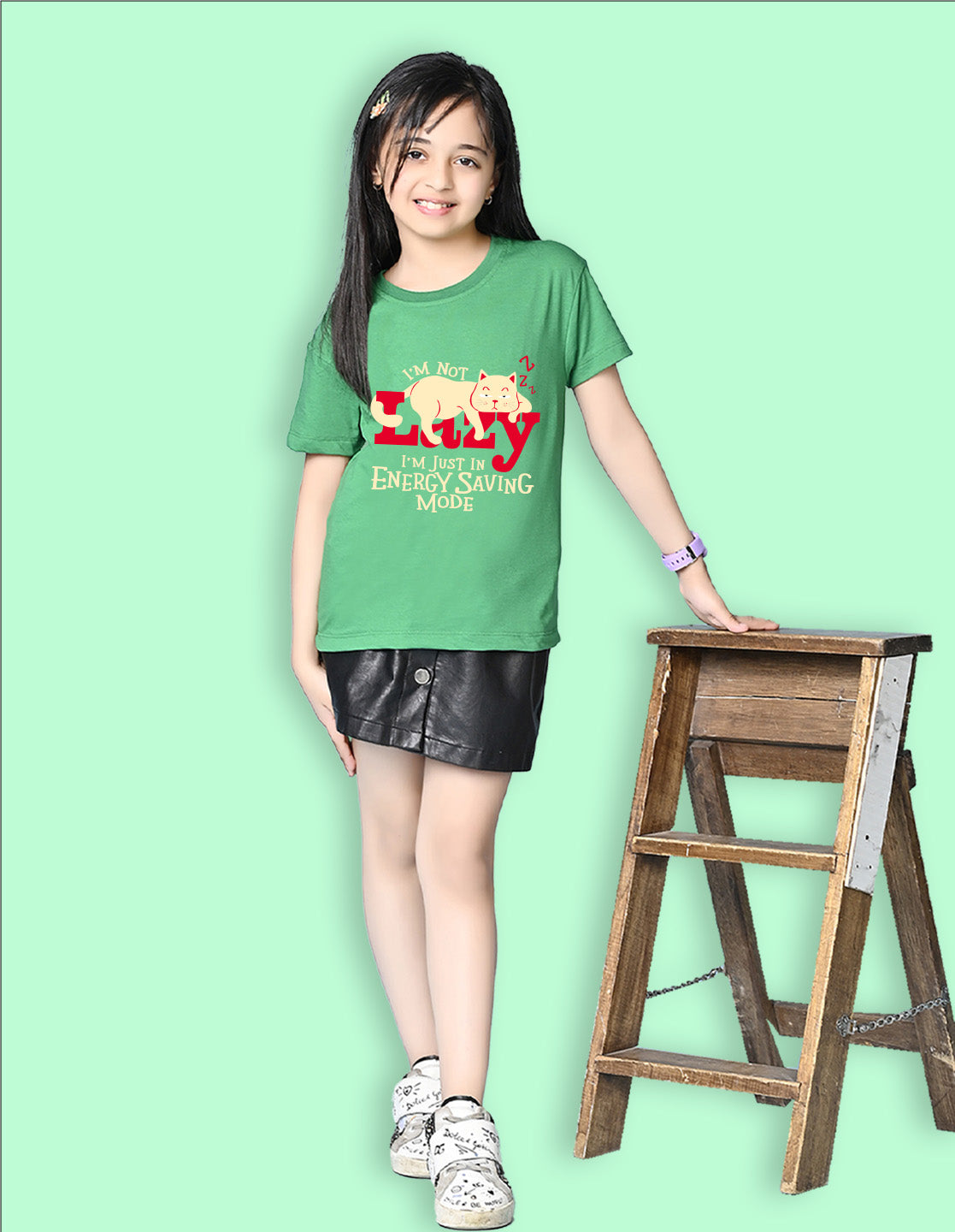 Nusyl Girls Green Lazy Text  Printed  Short sleeve Cotton Blend Oversized T-shirts