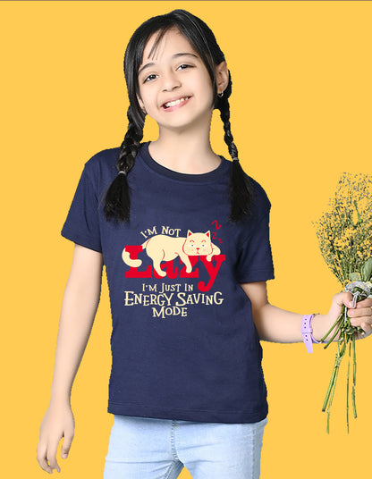 Nusyl Girls Navy Blue Lazy Text  Printed  Short sleeve Cotton Blend Oversized T-shirts