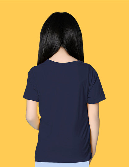 Nusyl Girls Navy Blue Lazy Text  Printed  Short sleeve Cotton Blend Oversized T-shirts