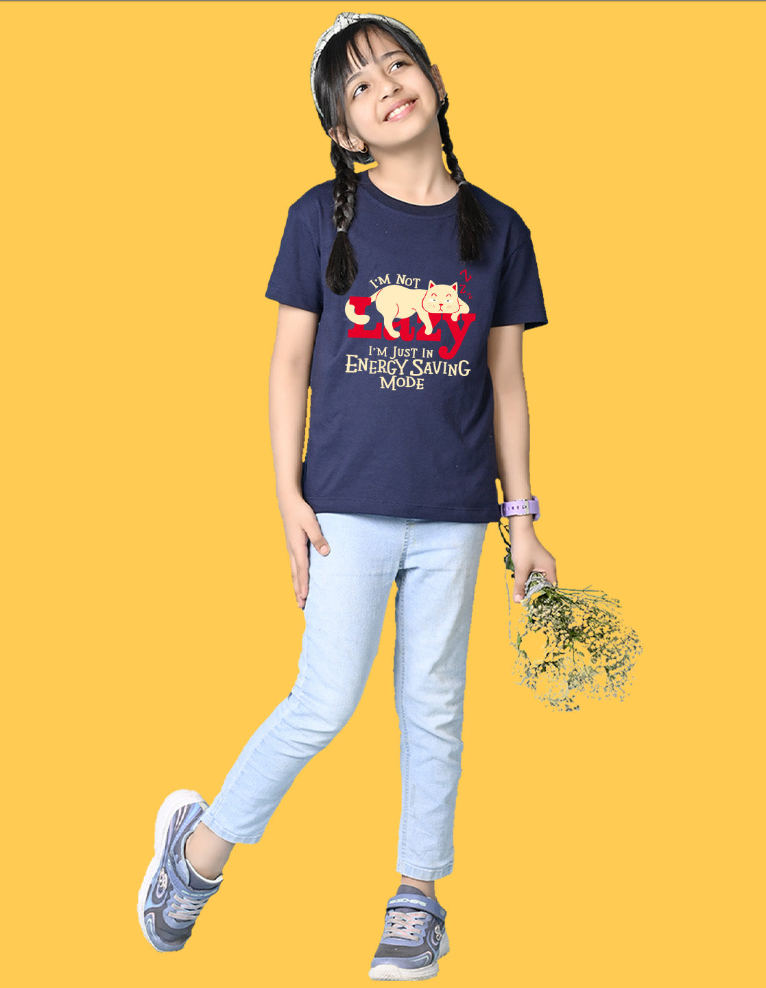 Nusyl Girls Navy Blue Lazy Text  Printed  Short sleeve Cotton Blend Oversized T-shirts