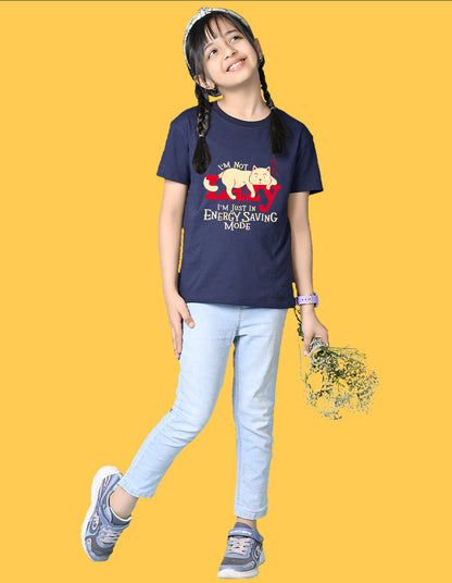 Nusyl Girls Navy Blue Lazy Text  Printed  Short sleeve Cotton Blend Oversized T-shirts