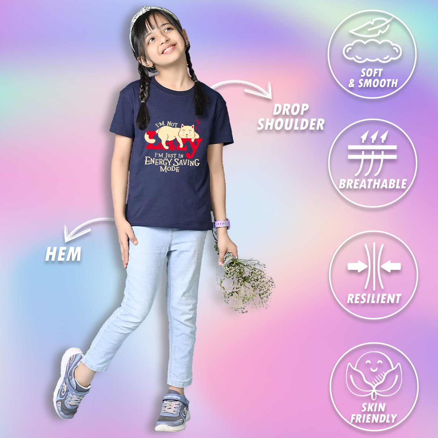 Nusyl Girls Navy Blue Lazy Text  Printed  Short sleeve Cotton Blend Oversized T-shirts