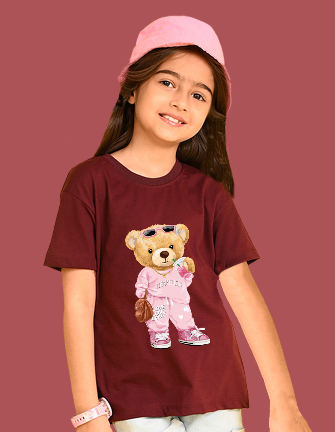 Nusyl Girls Wine Cute Bears Text Printed  Short sleeve Cotton Blend Oversized T-shirts