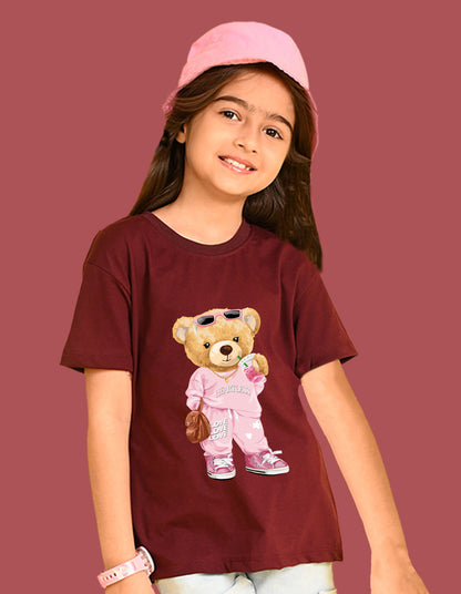 Nusyl Girls Wine Cute Bears Text Printed  Short sleeve Cotton Blend Oversized T-shirts