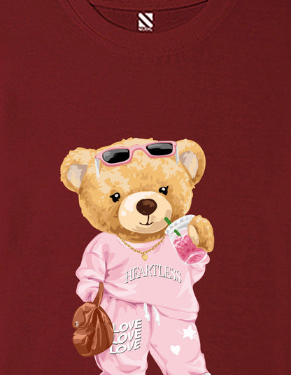 Nusyl Girls Wine Cute Bears Text Printed  Short sleeve Cotton Blend Oversized T-shirts