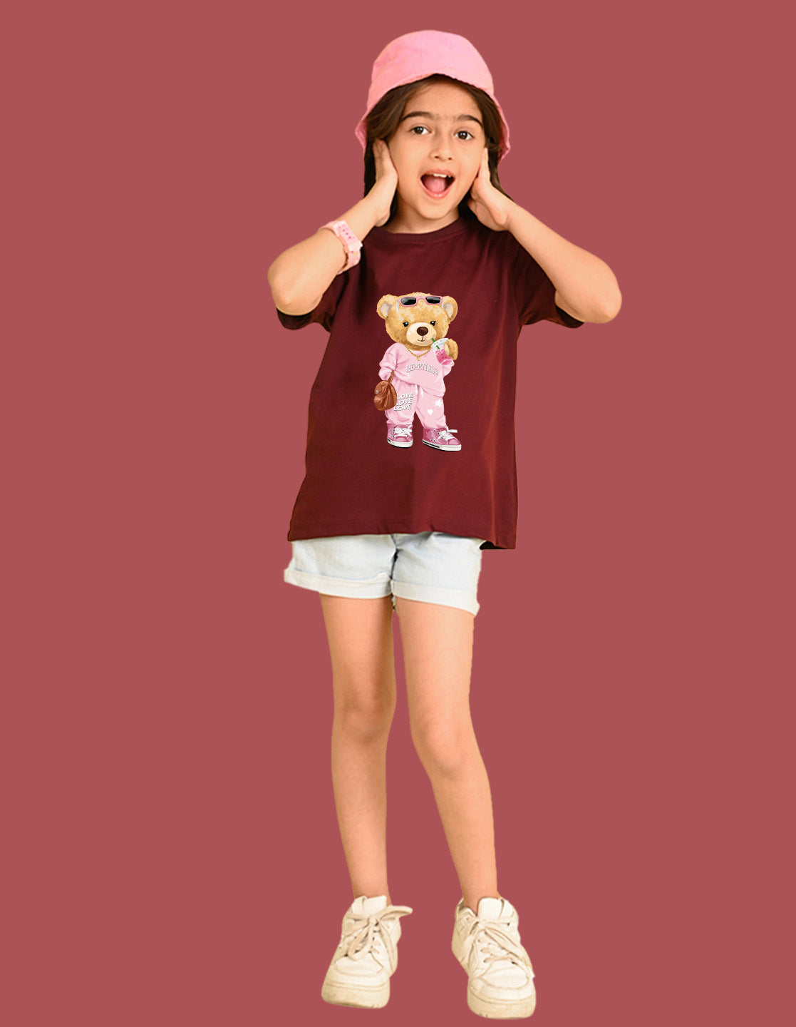 Nusyl Girls Wine Cute Bears Text Printed  Short sleeve Cotton Blend Oversized T-shirts