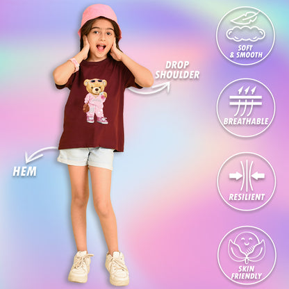 Nusyl Girls Wine Cute Bears Text Printed  Short sleeve Cotton Blend Oversized T-shirts