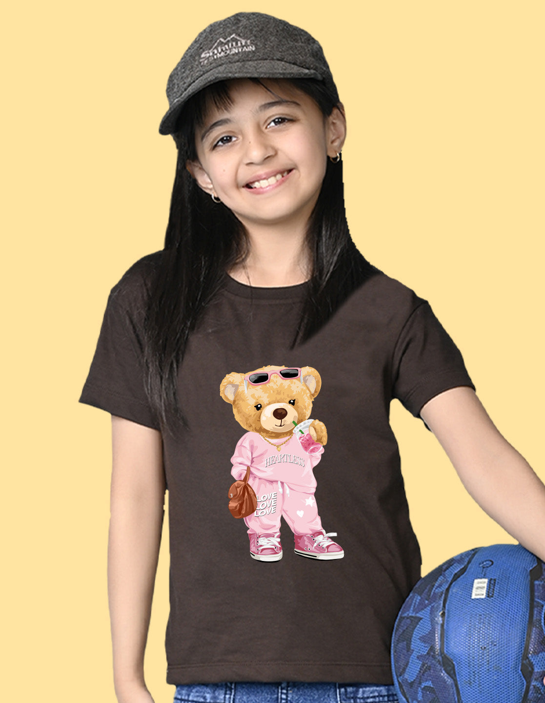 Nusyl Girls Brown Cute Bears Text Printed  Short sleeve Cotton Blend Oversized T-shirts