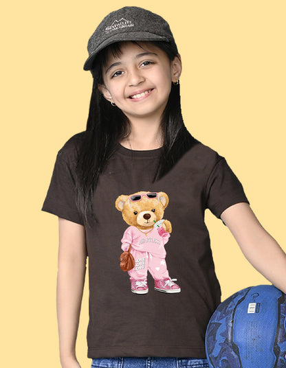 Nusyl Girls Brown Cute Bears Text Printed  Short sleeve Cotton Blend Oversized T-shirts