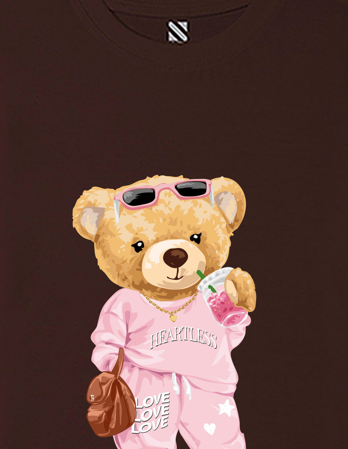 Nusyl Girls Brown Cute Bears Text Printed  Short sleeve Cotton Blend Oversized T-shirts