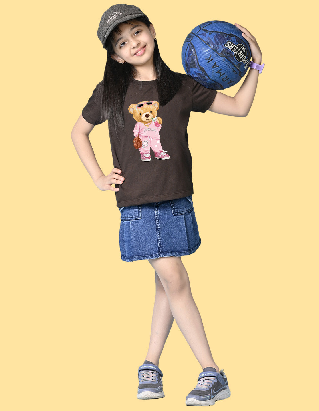 Nusyl Girls Brown Cute Bears Text Printed  Short sleeve Cotton Blend Oversized T-shirts