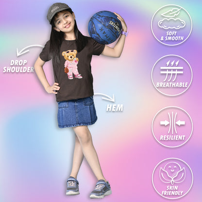 Nusyl Girls Brown Cute Bears Text Printed  Short sleeve Cotton Blend Oversized T-shirts