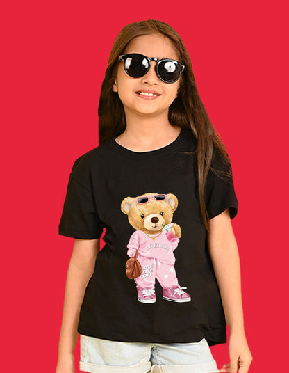 Nusyl Girls Black Cute Bears Text Printed  Short sleeve Cotton Blend Oversized T-shirts
