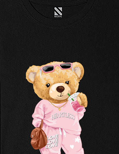 Nusyl Girls Black Cute Bears Text Printed  Short sleeve Cotton Blend Oversized T-shirts