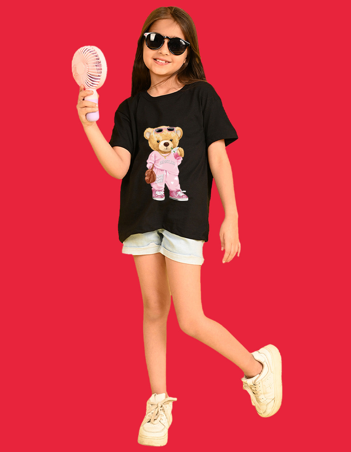 Nusyl Girls Black Cute Bears Text Printed  Short sleeve Cotton Blend Oversized T-shirts