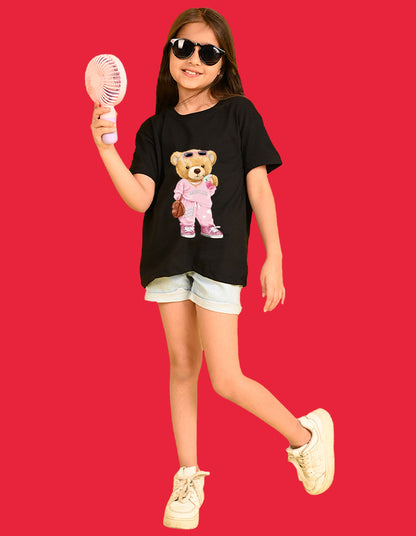 Nusyl Girls Black Cute Bears Text Printed  Short sleeve Cotton Blend Oversized T-shirts