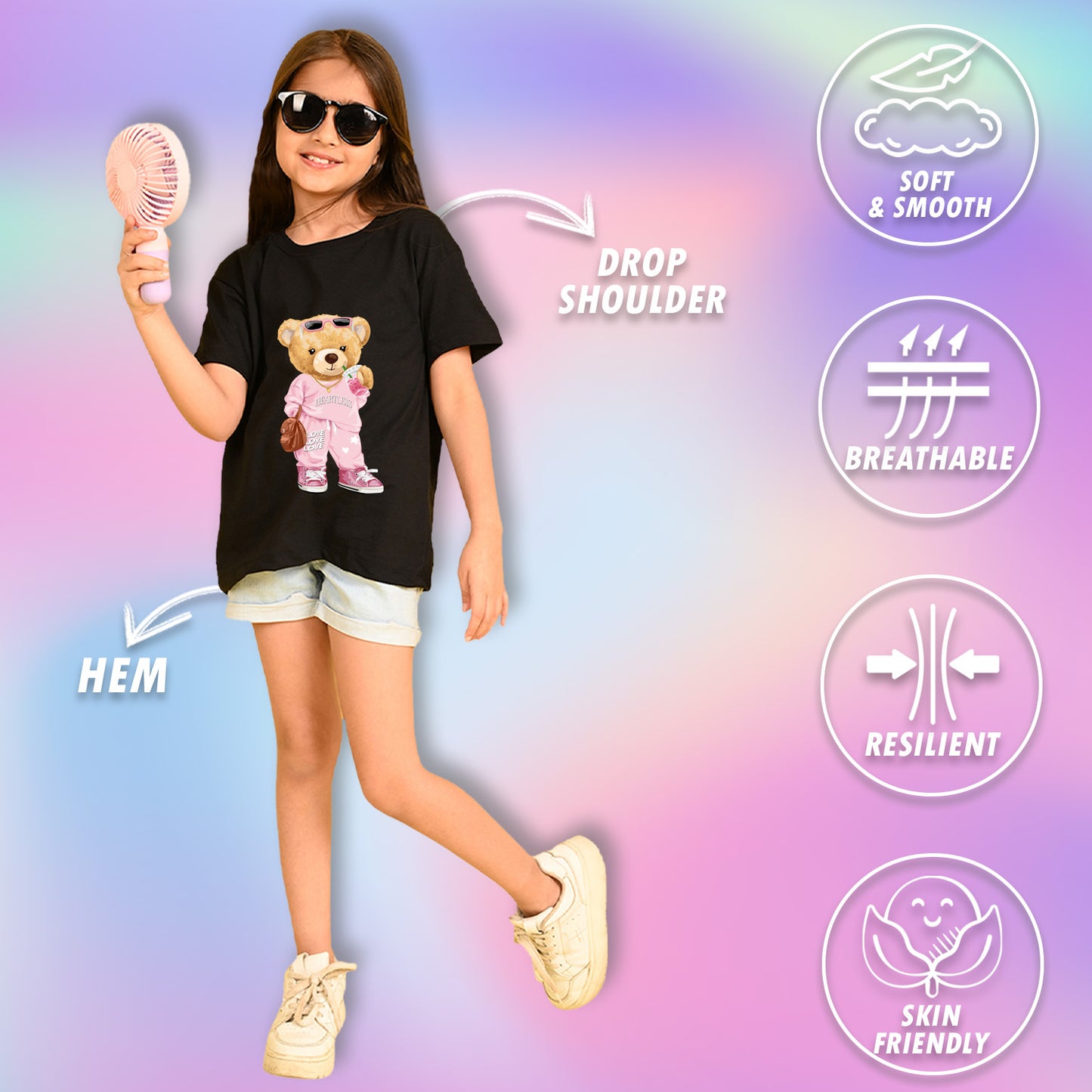 Nusyl Girls Black Cute Bears Text Printed  Short sleeve Cotton Blend Oversized T-shirts