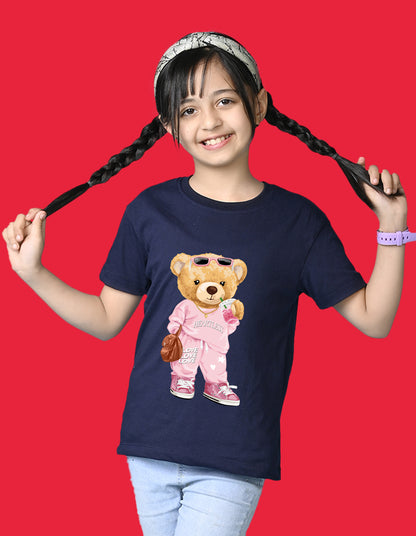 Nusyl Girls Navy Blue Cute Bears Text Printed  Short sleeve Cotton Blend Oversized T-shirts