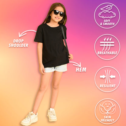 NUSYL Girls Solid Cotton Blend Round Neck Oversized T-Shirt - Pack of 2