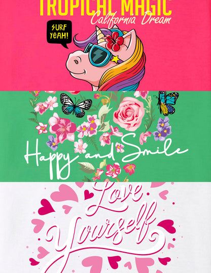 NUSYL Girls Flowers & Text Printed Cotton Blend Round Neck Oversized T-Shirt - Pack of 3