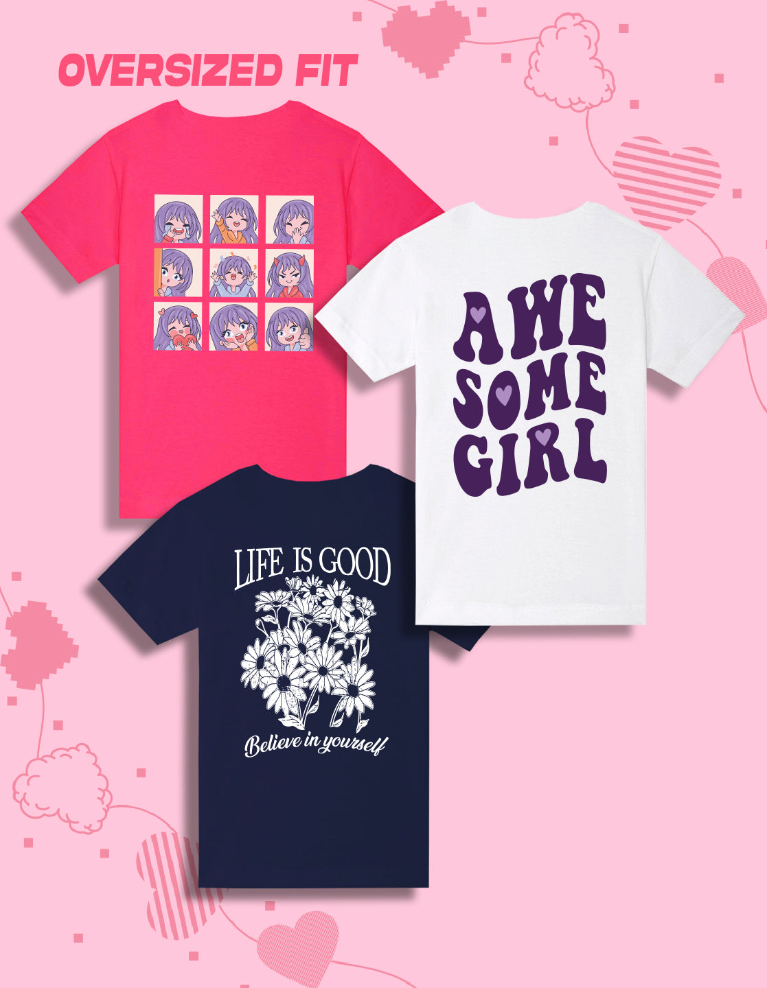 NUSYL Girls Graphic & Text Printed Cotton Blend Round Neck Oversized T-Shirt - Pack of 3