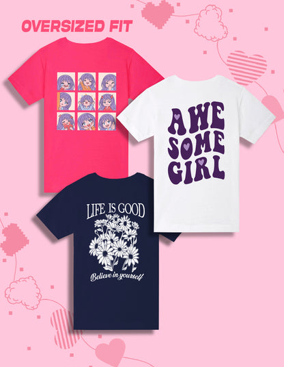 NUSYL Girls Graphic & Text Printed Cotton Blend Round Neck Oversized T-Shirt - Pack of 3