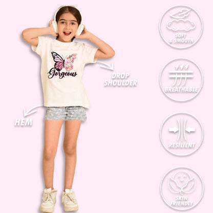 NUSYL Girls Cute Girl & Text Printed Cotton Blend Round Neck Oversized T-Shirt - Pack of 3