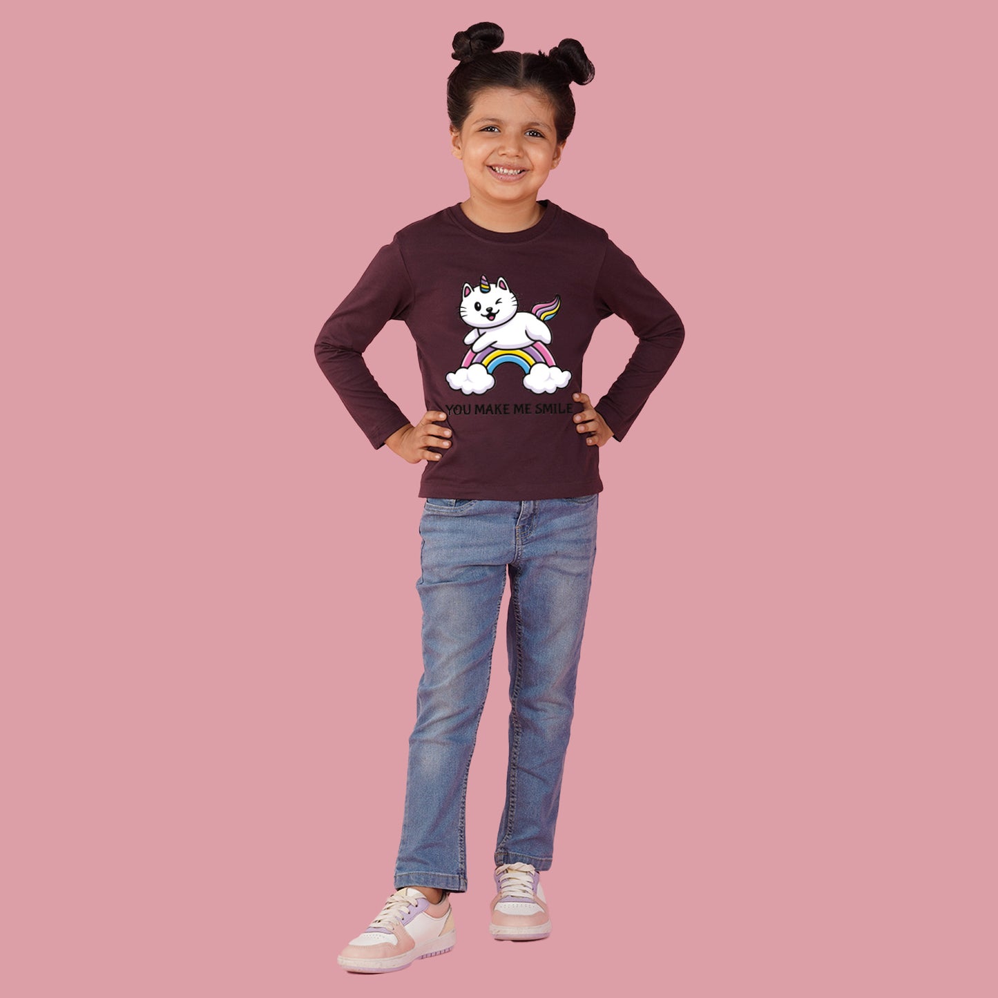 Nusyl Girls Maroon Rainbow Printed Full sleeve T-Shirt