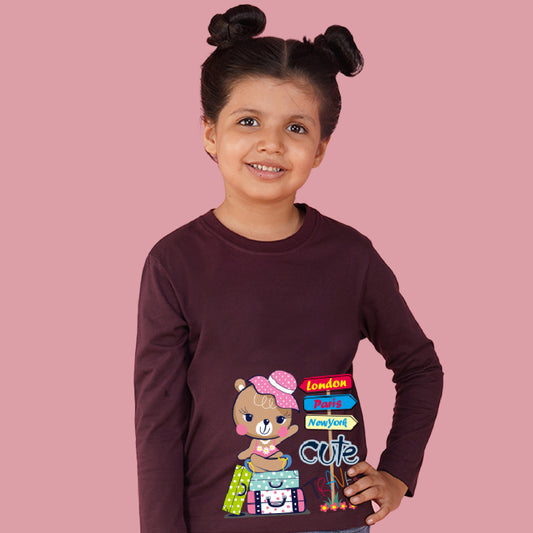 Nusyl Girls Maroon Teddy Printed Full sleeve T-Shirt