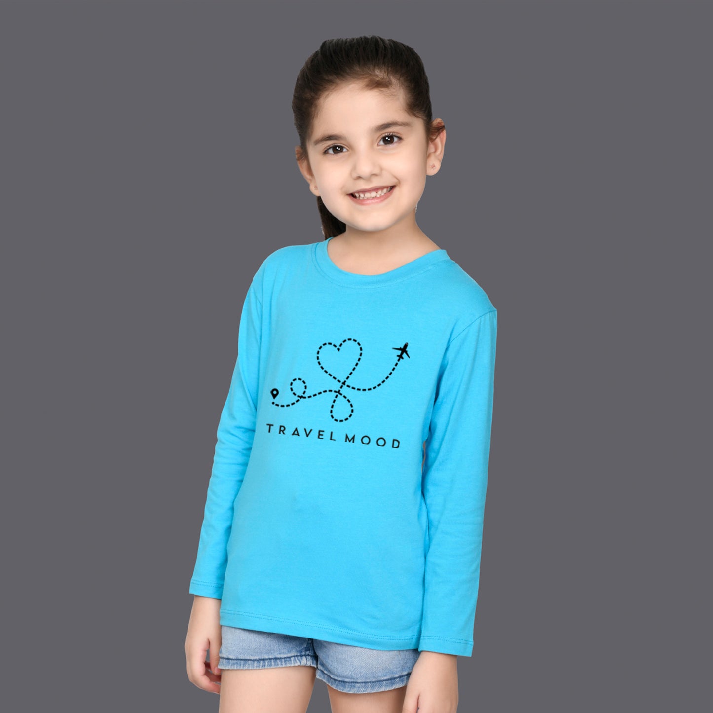Nusyl Girls Sky blue Travel Mood Text Printed Full sleeve T-Shirt