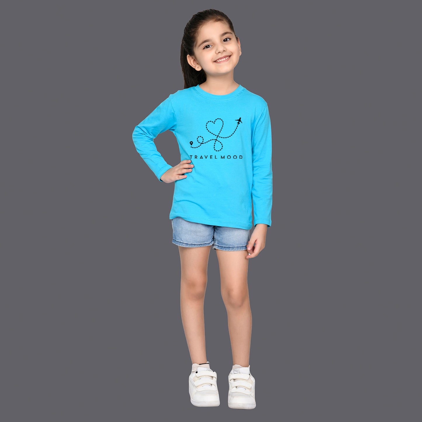 Nusyl Girls Sky blue Travel Mood Text Printed Full sleeve T-Shirt