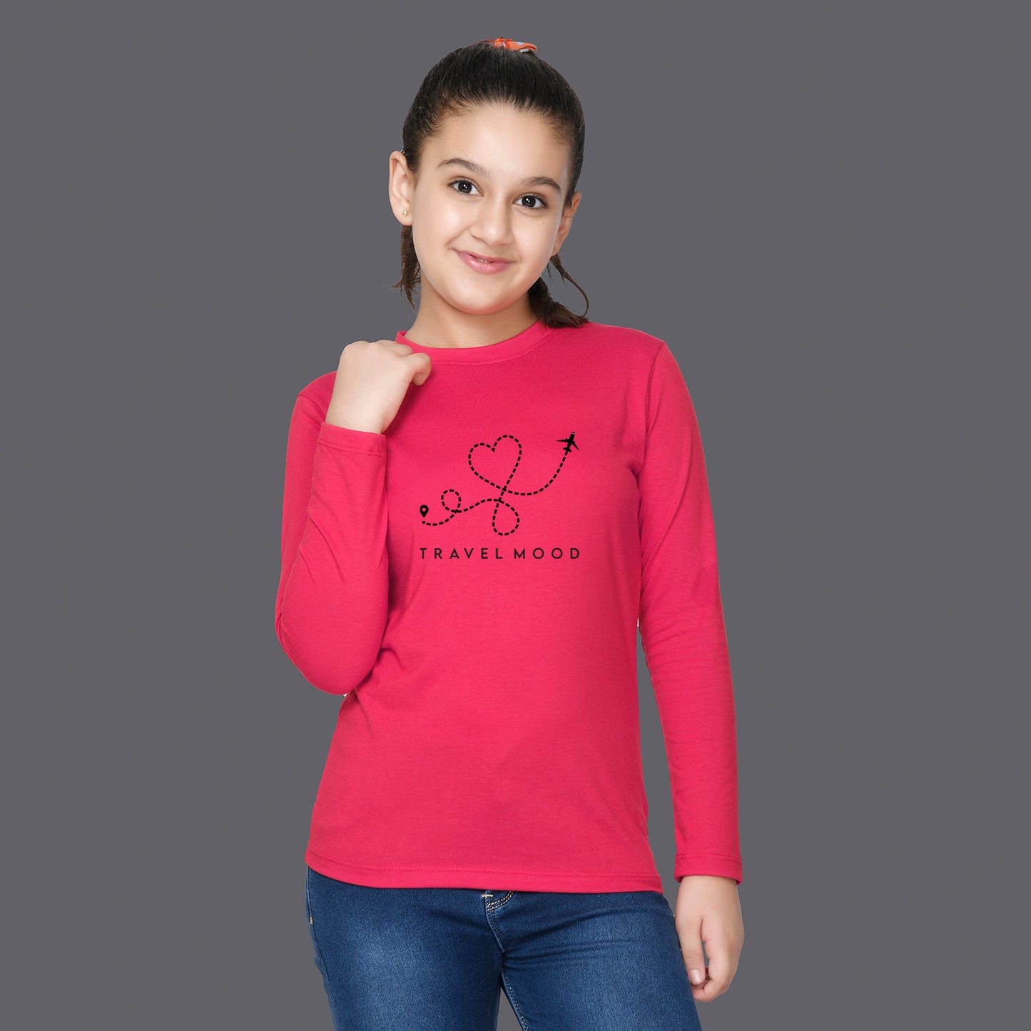 Nusyl Girls Hot Pink Travel Mood Text Printed Full sleeve T-Shirt