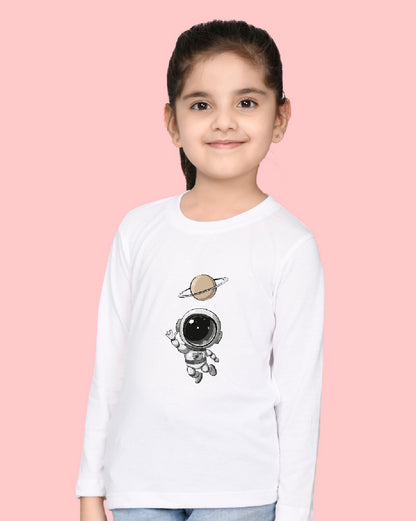 Nusyl Girls White Astronaut Printed Full Sleeve T-shirt
