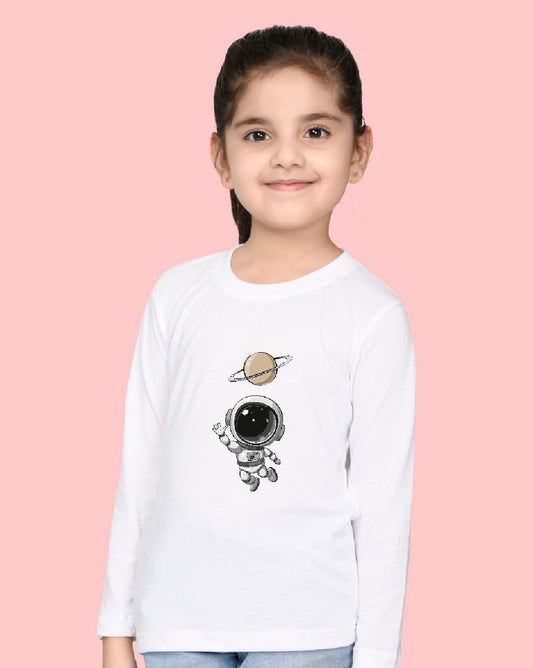 Nusyl Girls White Astronaut Printed Full Sleeve T-shirt