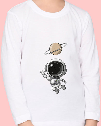 Nusyl Girls White Astronaut Printed Full Sleeve T-shirt