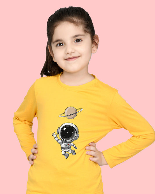 Nusyl Girls Yellow Astronaut Printed Full Sleeve T-shirt